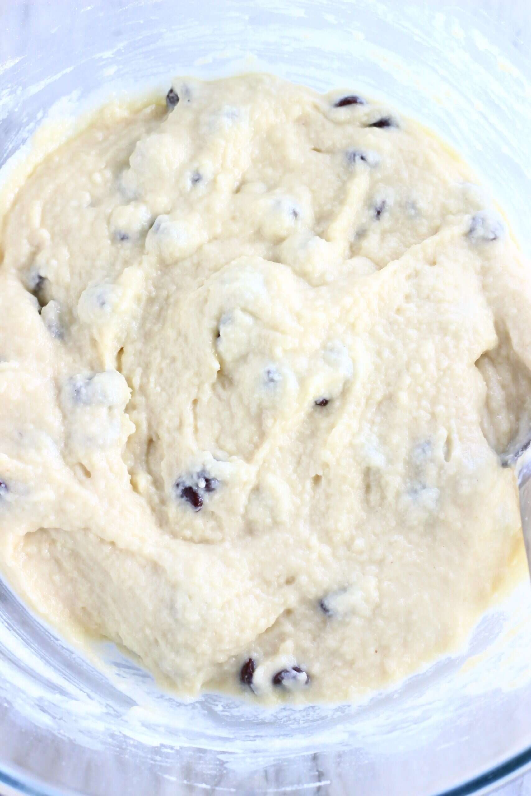 Raw gluten-free vegan chocolate chip cake batter in a bowl