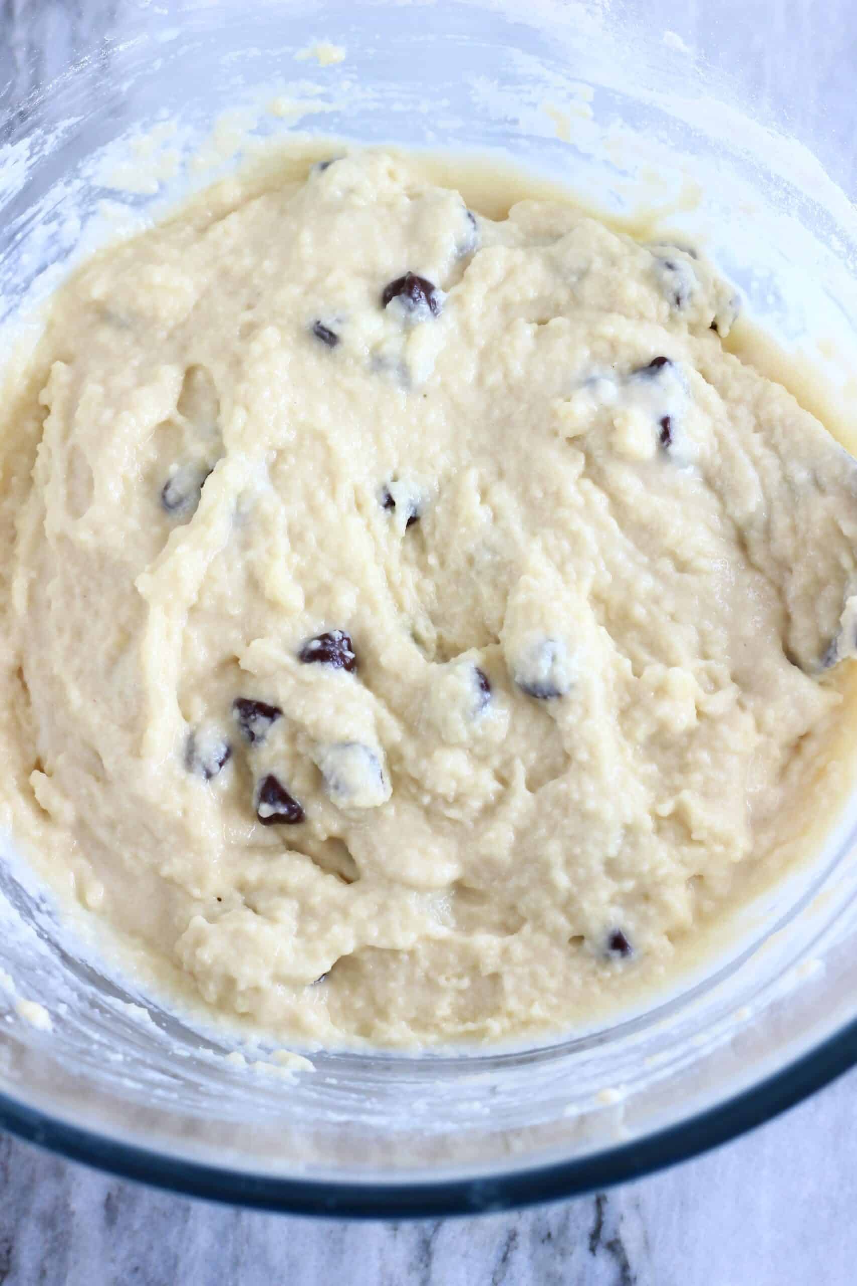 Raw gluten-free vegan chocolate chip bread batter in a mixing bowl