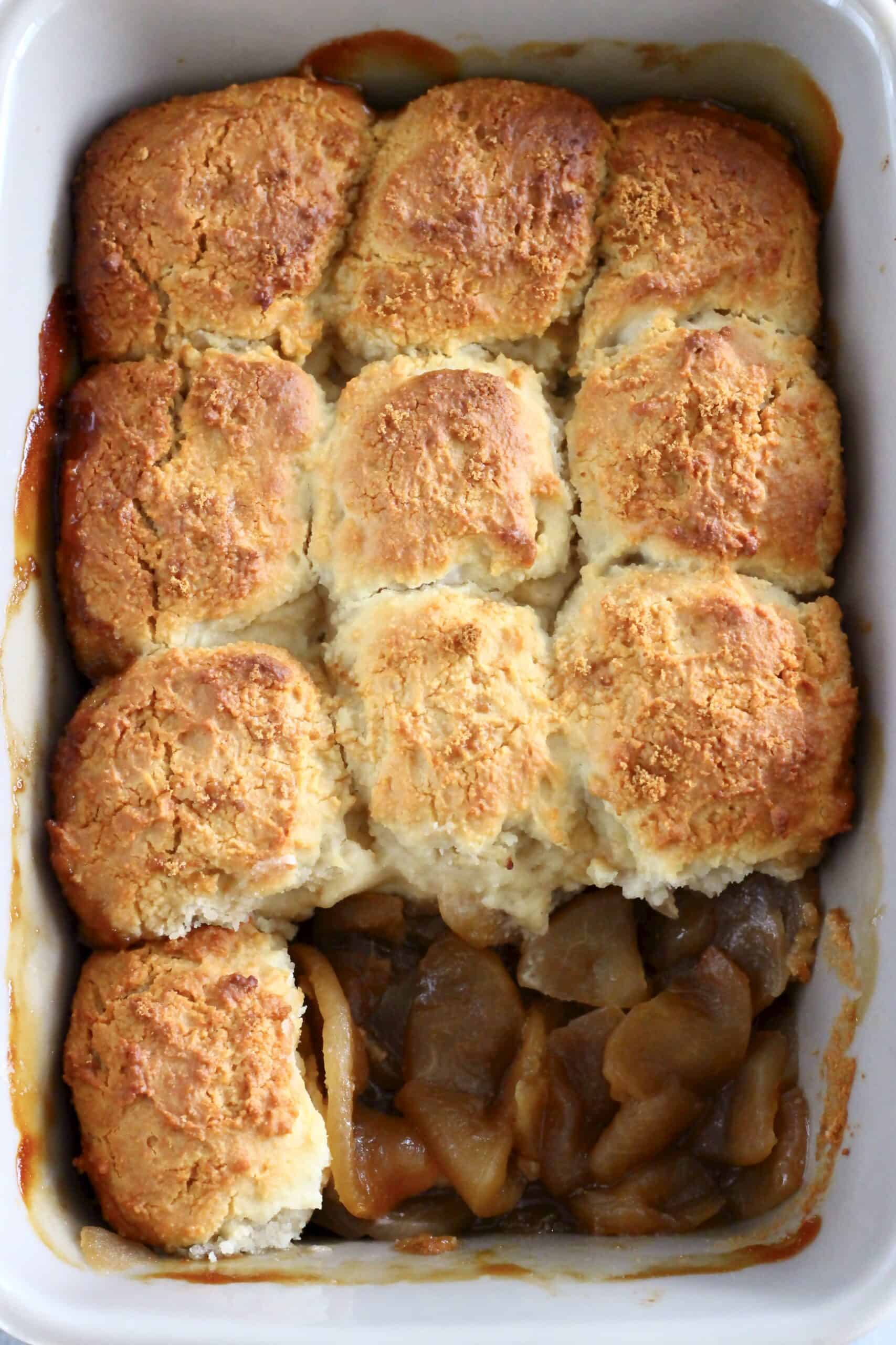 Baked gluten-free vegan apple cobbler in a baking dish