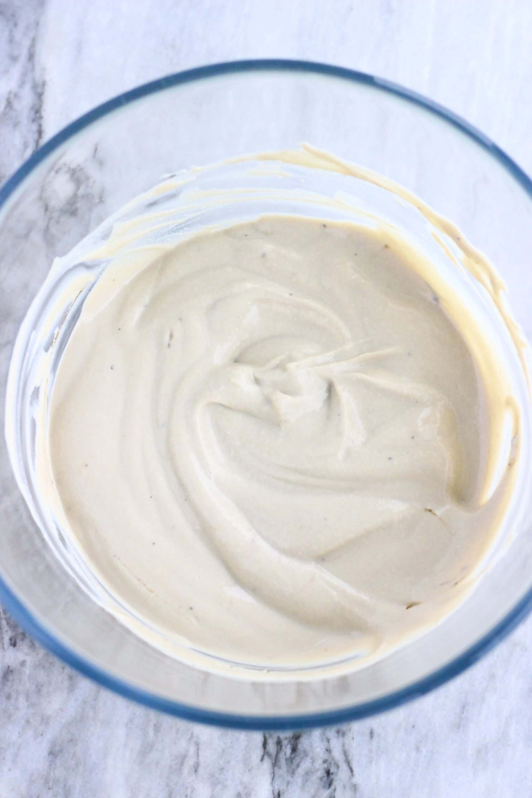 Vegan hojicha frosting for vegan hojicha latte cake in a bowl
