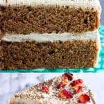 A collage of two vegan hojicha latte cake photos