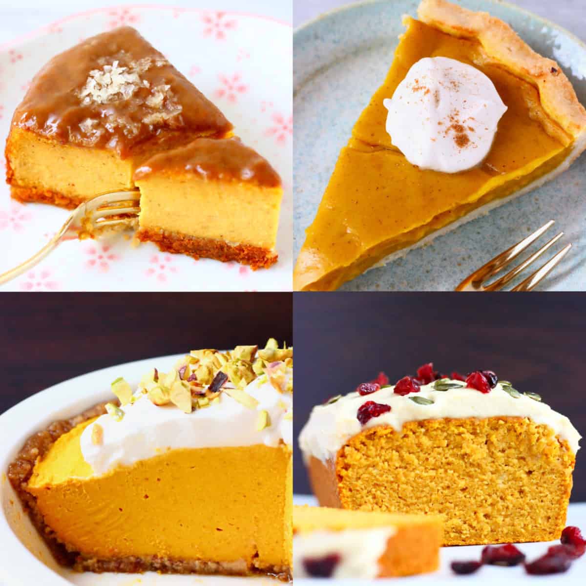 A collage of four vegan pumpkin dessert photos