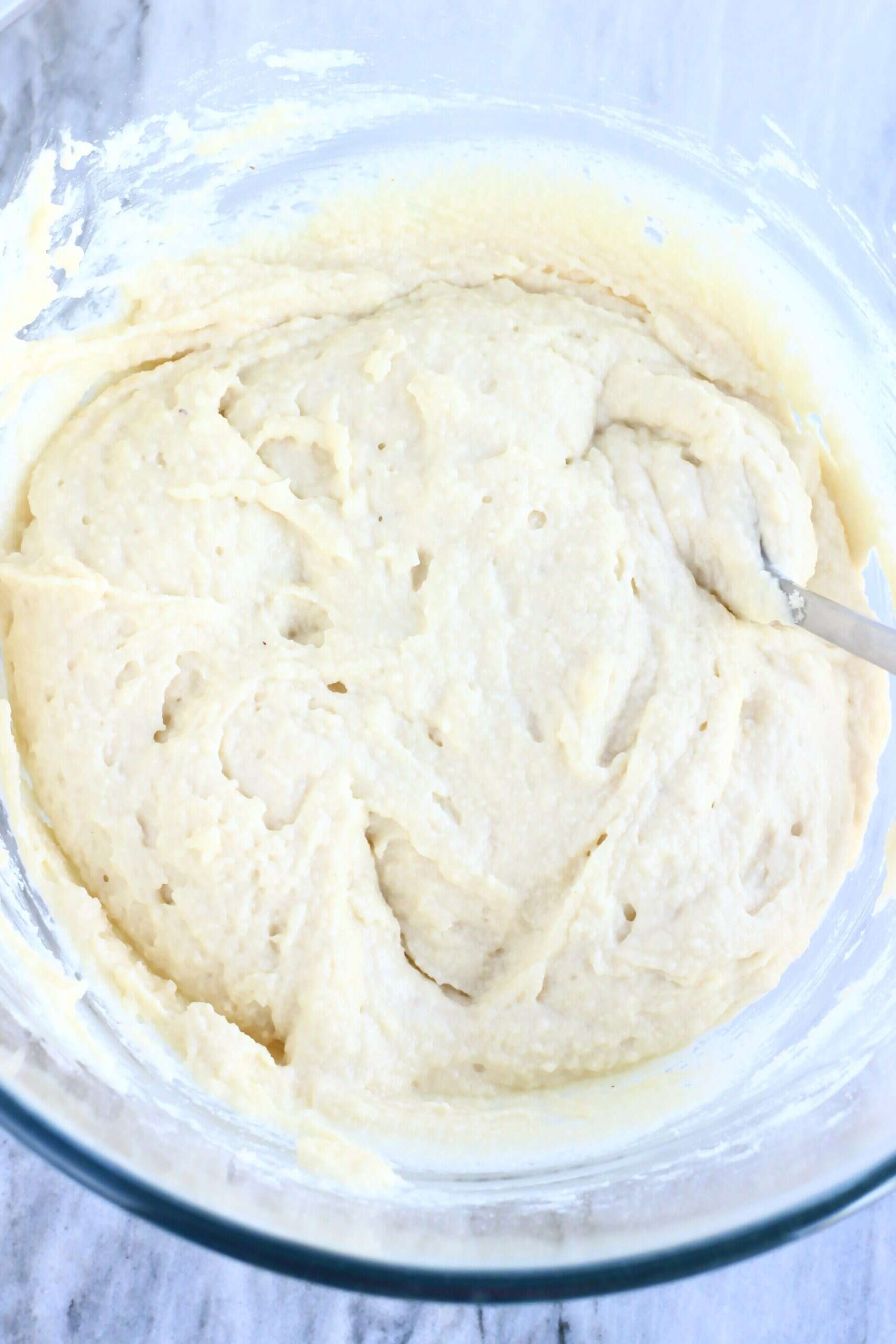 Raw gluten-free vegan yogurt loaf cake batter in a bowl