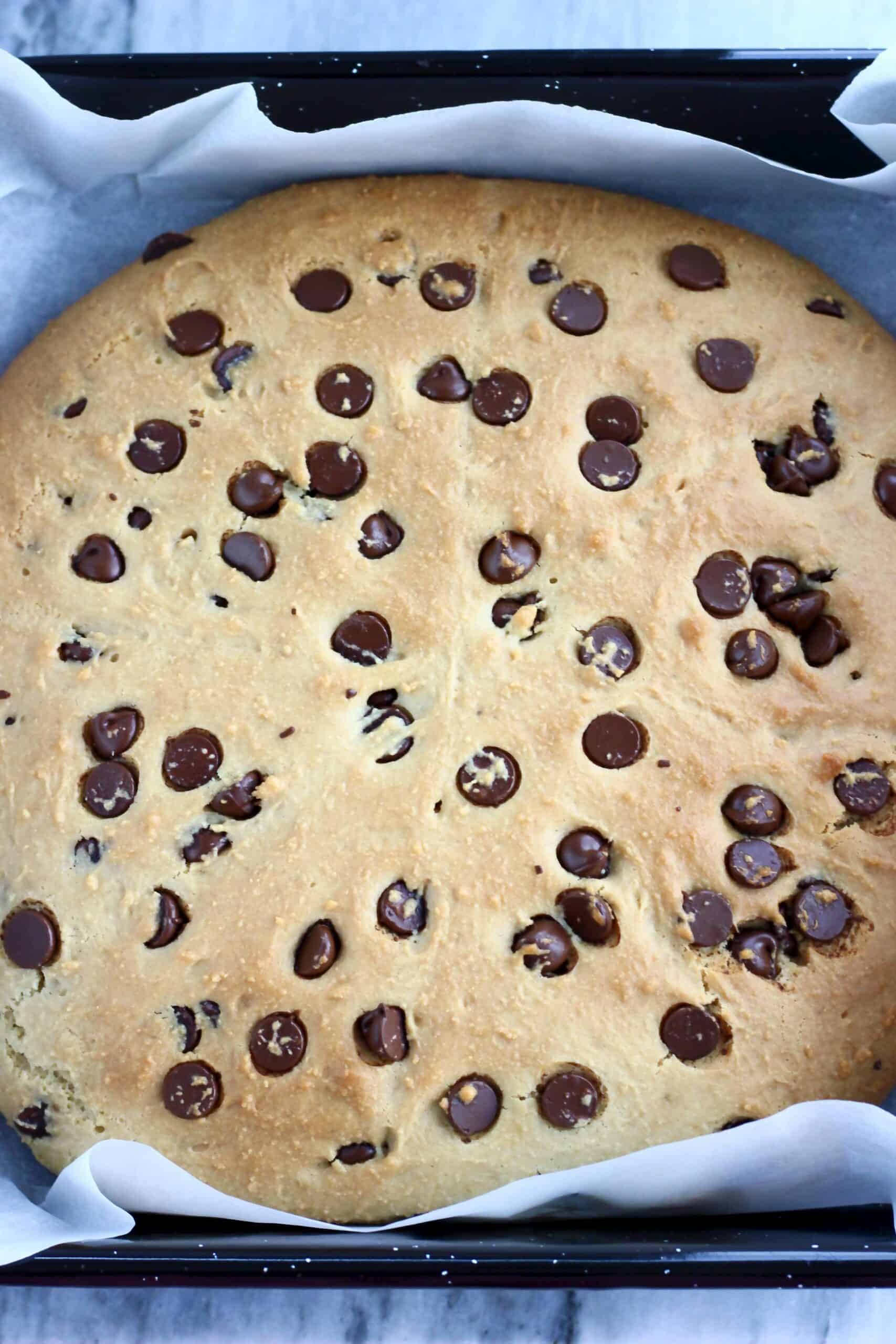 Gluten-free vegan chocolate chip scones baked in a circle on a baking tray lined with baking paper