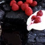 Vegan chocolate self-saucing pudding in a baking dish with cream and raspberries