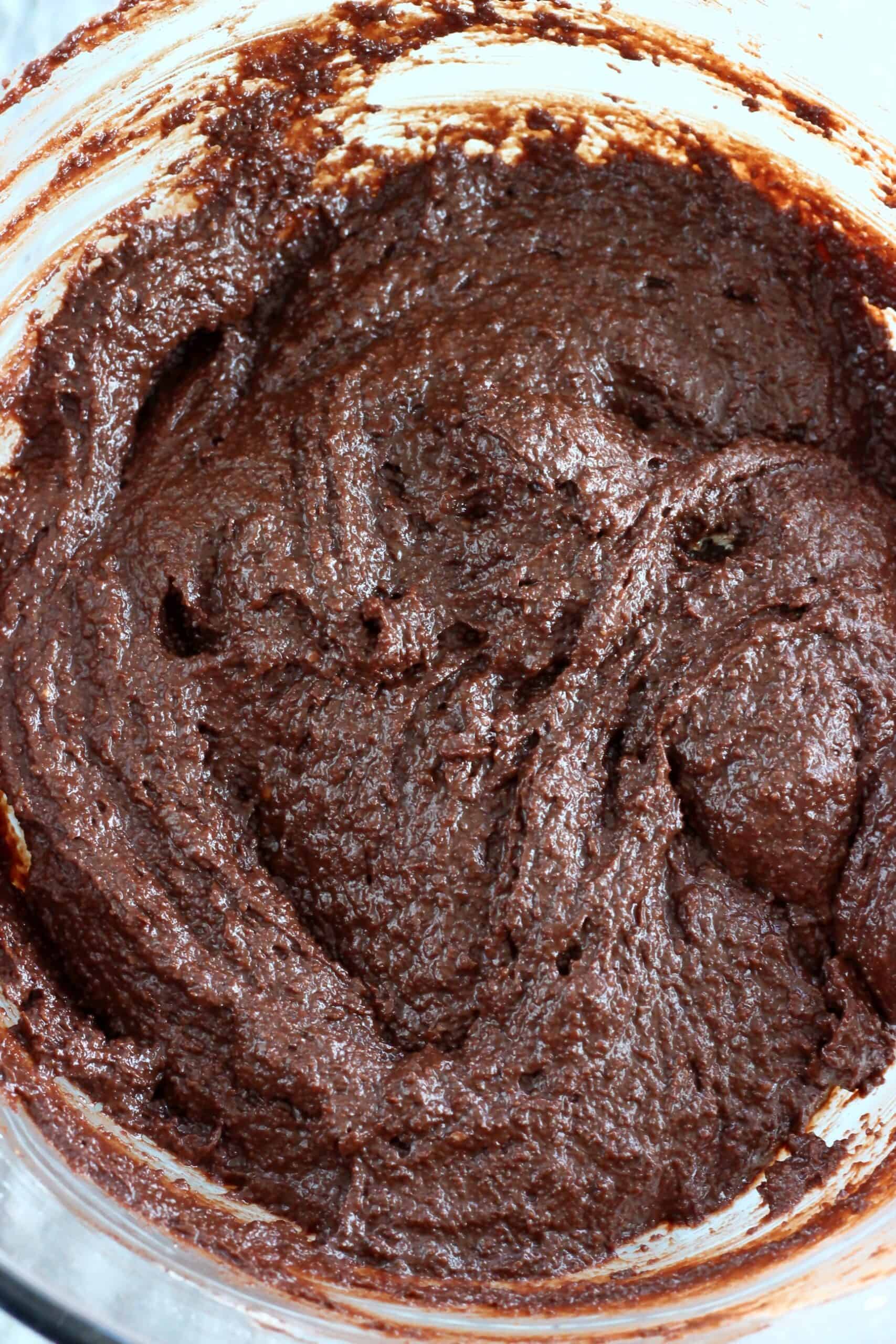 Raw vegan chocolate fudge pudding batter in a bowl