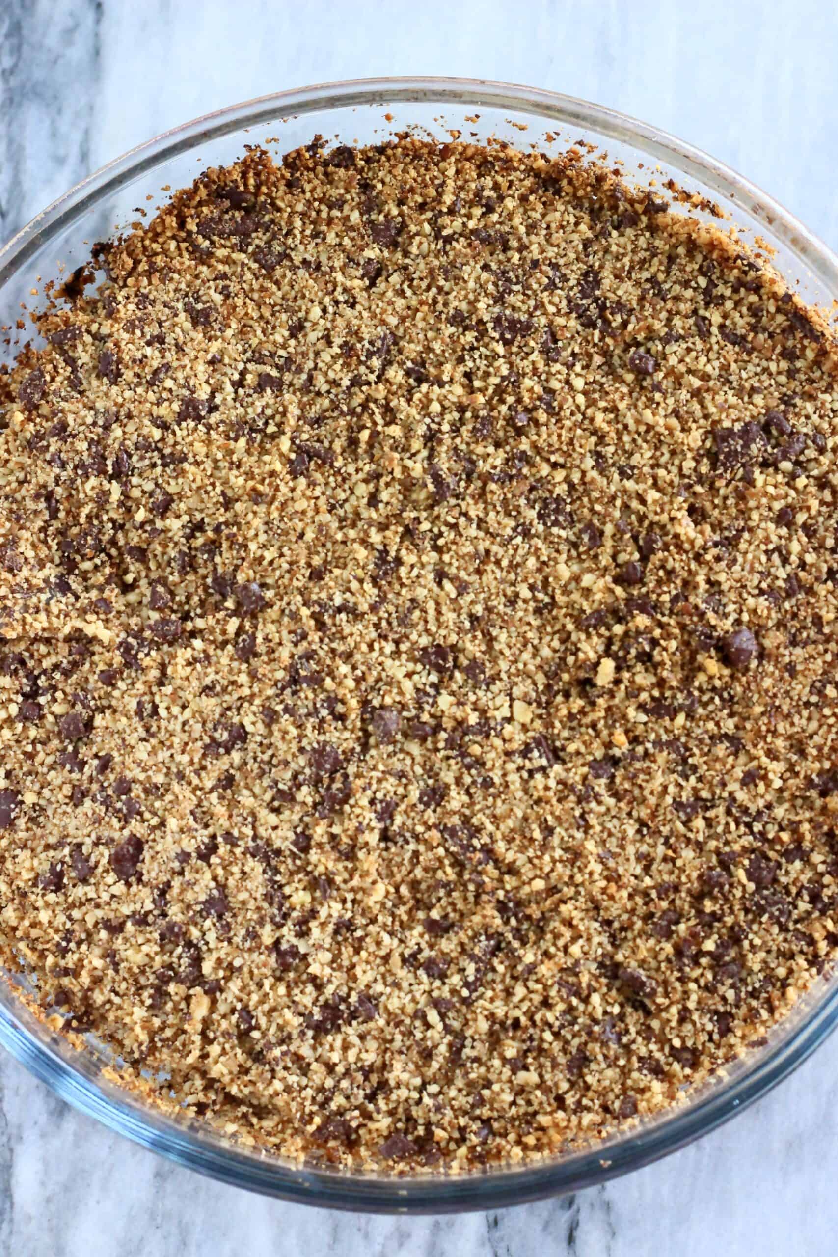 Baked gluten-free vegan chocolate baklava in a round baking dish