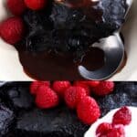 A collage of two vegan chocolate self-saucing pudding photos
