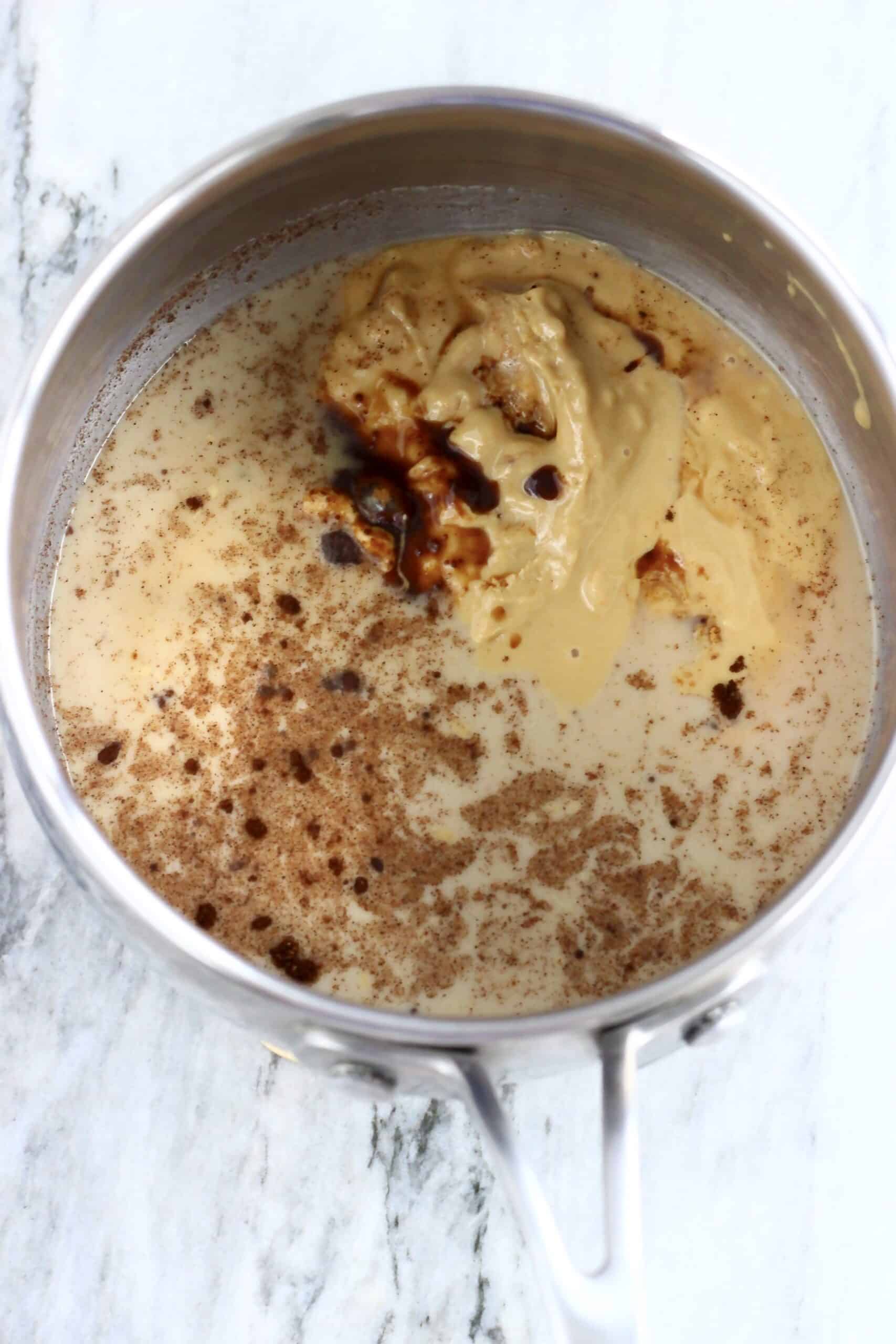Cashew butter, coconut sugar and almond milk in a saucepan