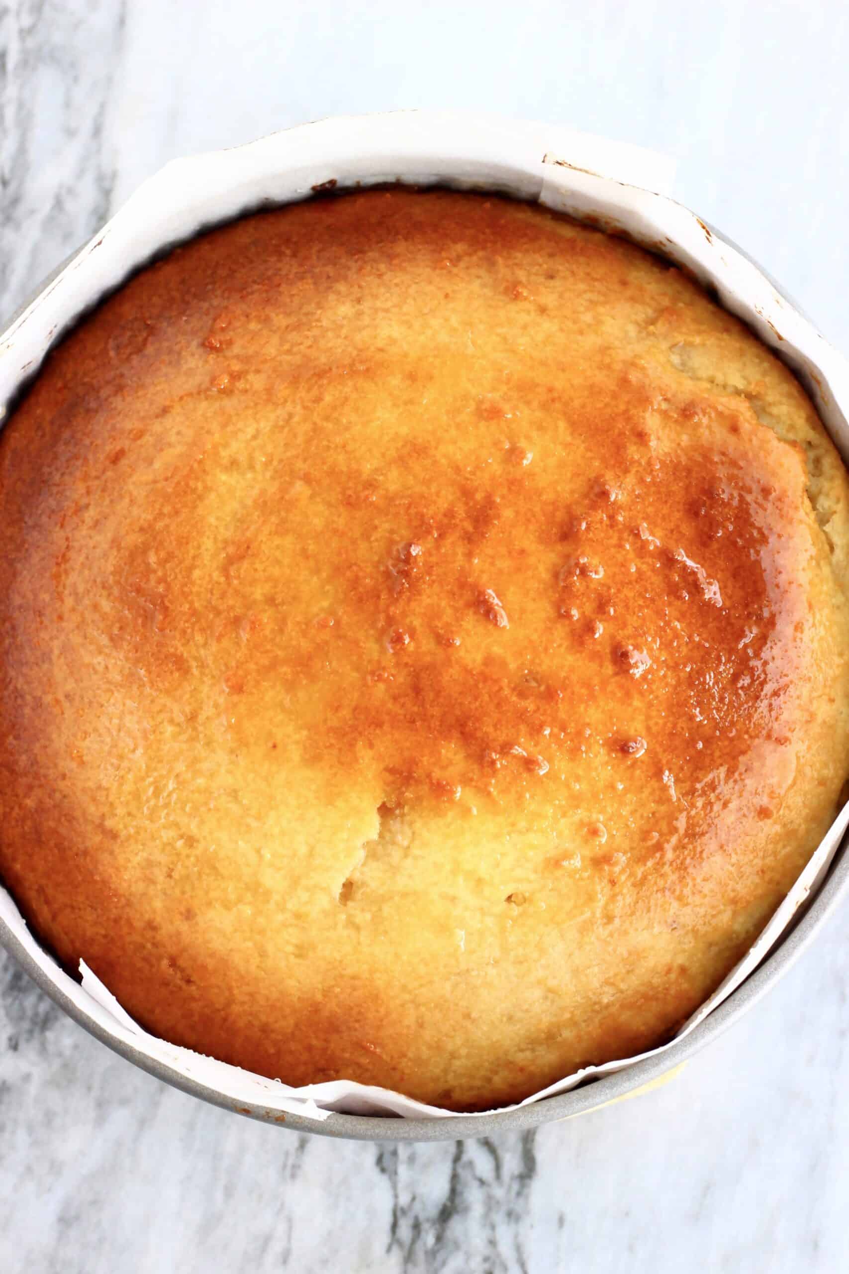Vegan Honey Cake soaked with honey syrup in a round springform baking tin
